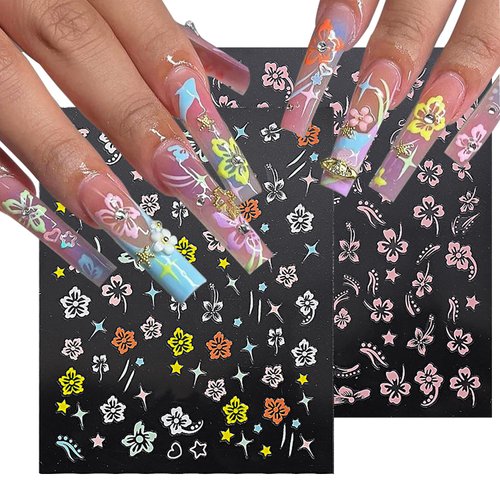 Flower Nail Stickers 3D Hibiscus Flower Nail Stickers Self-Adhesive White Pink Gold Nail Decals Elegant Floral Petal Wavy Line Strip Tropical Leaf Designs for Women Girls Nail Art Supplies(6Sheets)