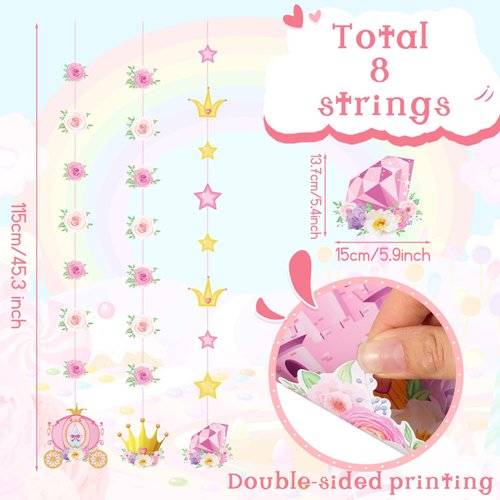 Sinload 8 Pieces Floral Princess Party Decorations Princess Theme Garland Banners Pink Gold Princess Castle Crown Carriage Paper Cutouts for Princess Birthday Baby Shower Favors Classroom Supplies