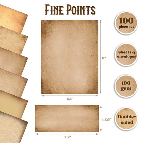 Better Office Products Aged Paper Stationery, 100 Piece Set (50 Sheets + 50 Matching Envelopes), Vintage Antique Old Fashion Parchment Paper, Letter Size 8.5 x 11", 6 Designs, Double Sided Paper,