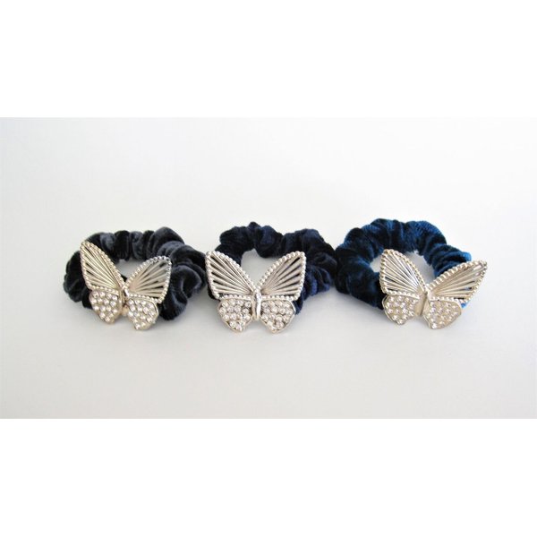 Butterfly blue gray teal hair tie pony tail holder scrunchie with crystals (Primary color: Blue)