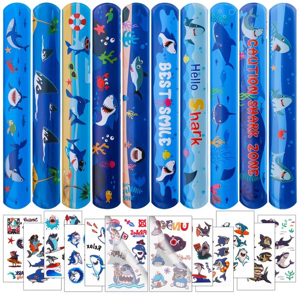 Alomois Shark Slap Bracelets Shark Party Favors with Shark Tattoos for Kids Classroom Gifts Shark Birthday Sea Party Supplies Treat Goodie Bag Fillers (Shark)