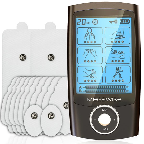 MegaWise 48 Modes（24 * 2） Dual Channel EMS TENS Unit Muscle Stimulator with 14Pcs Reusable Electrode Pads. Rechargeable Continuous Mode Electronic Pulse Massager with Storage Pouch/Pads Holder