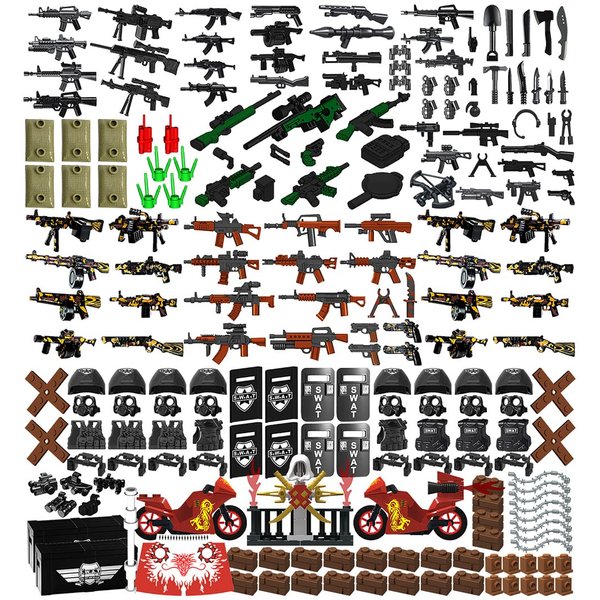 Nicolababe Weapon Pack 225 PCS Accessories Military Weapon Set Incl Helmet Body Armor Cloak and Motorcycles Designed for Minifigures Compatible with Minifigures of All Major Brands (SWAT Weapon)