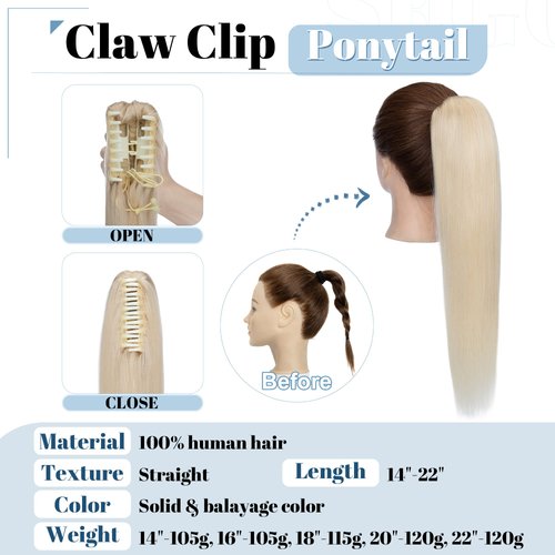SEGO Claw Clip Ponytail Extension Human Hair 14" 105g Clip in Ponytail Hair Extensions Real Human Hair Pony Tails Hair Extensions Long Straight For Women 14 Inch Platinum Blonde