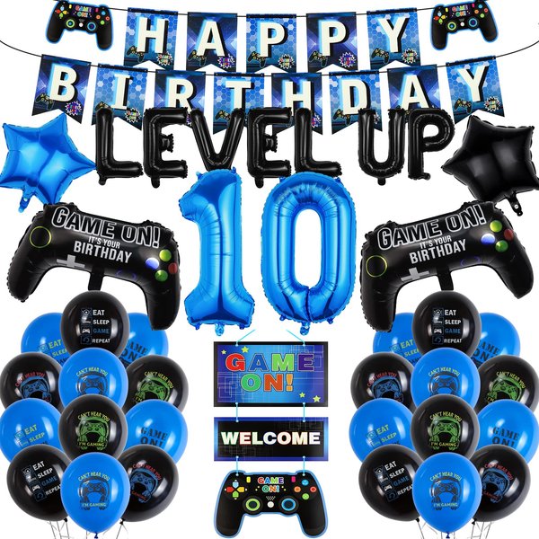 10th Video Game Birthday Party Decoration Balloons Game on Party Supplies Set Include Happy Birthday Banner Foil Balloon Latex Balloon Ideal for Kids Boys Party Room Indoors Outdoor Activities Decor
