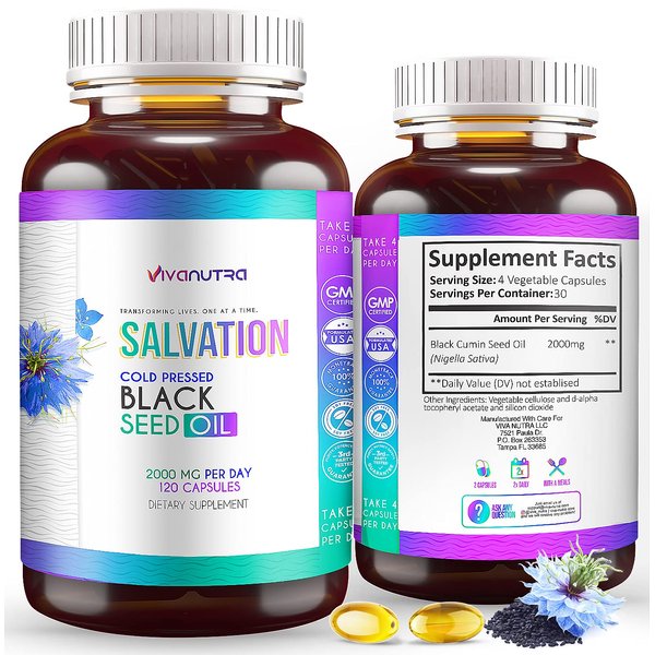VIVANUTRA Black Seed Oil Capsules | 5% Thymoquinone Maximum Strength - 500 mg of Oil per Capsule - Oil Concentrate from Nigella Sativa Pure Black Cumin Seed Oil, Raw Form - (120 Capsules)