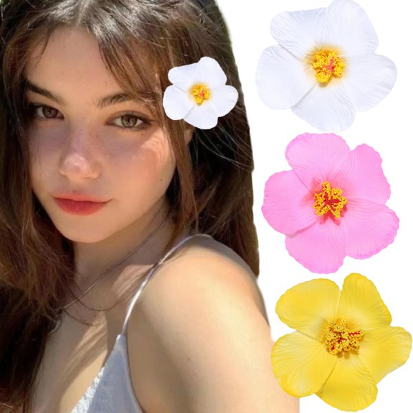 3pcs Hawaiian Flower Hair Clips Hibiscus Hair Clip Plumeria Flower for Women 3.5 Inch Artificial Tropical Flower Clips for Vacation Beach Party (Style 1)