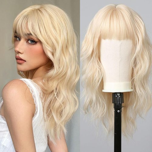 testar Blonde Wigs for White Women 22 Inch Platinum Blonde Wig With Bangs Hair Replacement Wigs Realistic Looking Synthetic Curly Wigs For Daily Party Use