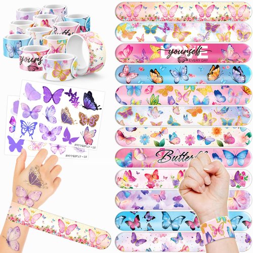 48 PCS Butterfly Party Favors 24PCS Tattoos Stickers 24PCS Slap Bracelets Wristbands Perfect for Butterfly Themed Birthday Baby Showers or Classroom Rewards Ideal Decor and Gifts for Girls and Boys