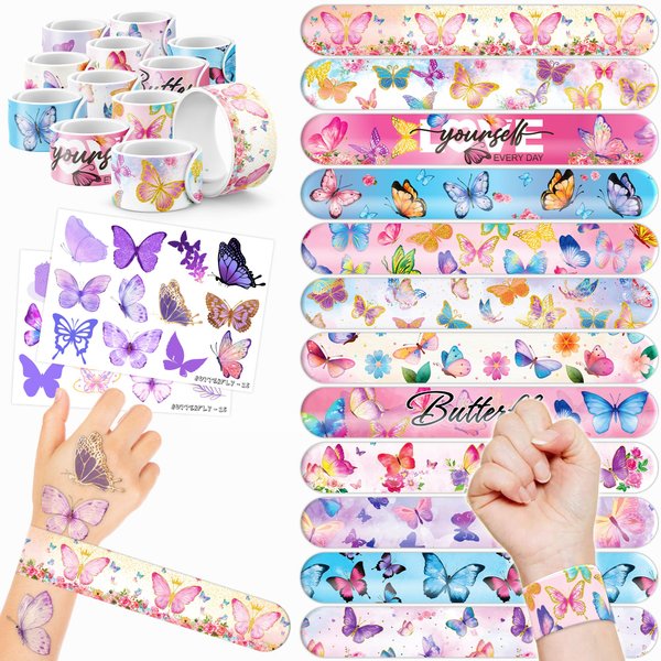 48 PCS Butterfly Party Favors 24PCS Tattoos Stickers 24PCS Slap Bracelets Wristbands Perfect for Butterfly Themed Birthday Baby Showers or Classroom Rewards Ideal Decor and Gifts for Girls and Boys