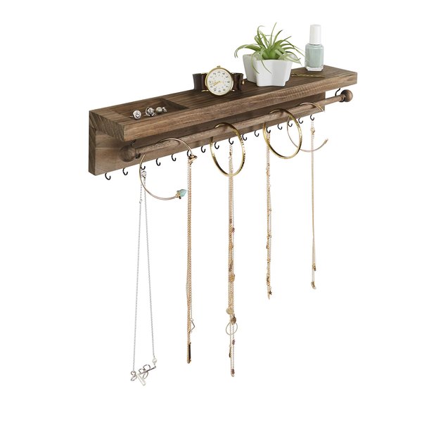 SoCal Buttercup Rustic Necklace Jewelry Organizer - Wall Mount Jewelry Holder - Mounted Hanging Jewelry Storage Hooks for Necklace, Earrings, and Rings - Farmhouse Wood Decor Bedroom Boho Shelf Rack