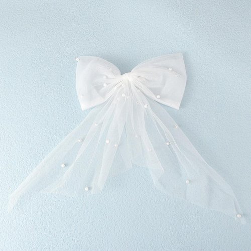 Jeairts Bridal Hair Bow Veil Pearl Wedding Hair Piece White Tulle Bow with Clip Bachelorette Party Hair Accessories for Women and Girls