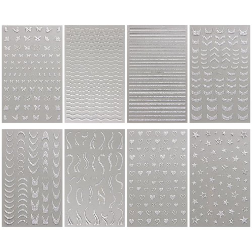 3D Silver Glitter French Nail Sticker, 8 Sheets Heart Butterfly Star Nail Stickers for Women Stripe Wave Lines Nail Art Stickers Swirl Line Nail Decals Reflective French Nails Stickers Nail Supplies