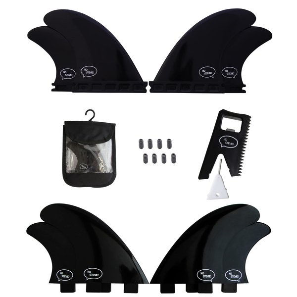 Ho Stevie! FRP Quad (4) Surfboard Fins - Stronger Than Regular Nylon Fins - includes Fin Bag, Screws, Wax Comb and Fin Key (Black, Single Tab)