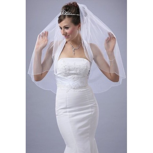 Bridal Veil Ivory 1 Tier Fingertip Length Scallop Edge With White Seed Beads