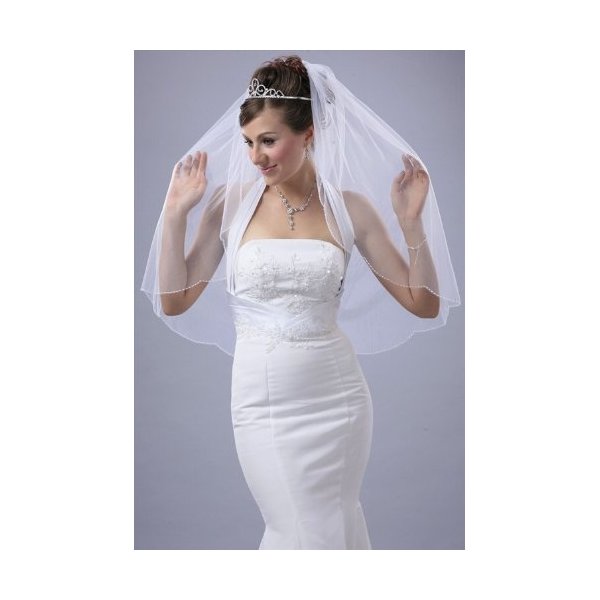 Bridal Veil Ivory 1 Tier Fingertip Length Scallop Edge With White Seed Beads