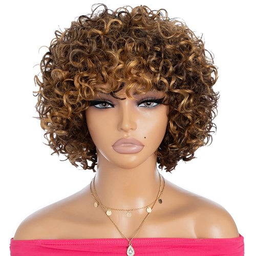 Rebecca Fashion 8" Highlight Brown Wigs for Black Women Human Hair, Short Curly Wigs with Bangs, 10A Brazilian Virgin, Wear and Go Glueless Wigs, DX3147