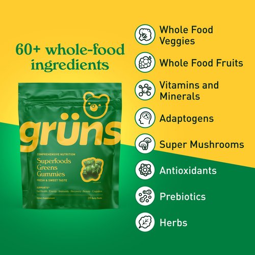 Gruns Adults Super Greens Gummies, Multivitamin Superfood Gummy Bears, Spirulina, Chlorella, Prebiotics & Fiber Gummies for Digestive Health, Adaptogens Supplement, 20 Vitamins & Minerals, 10 Count