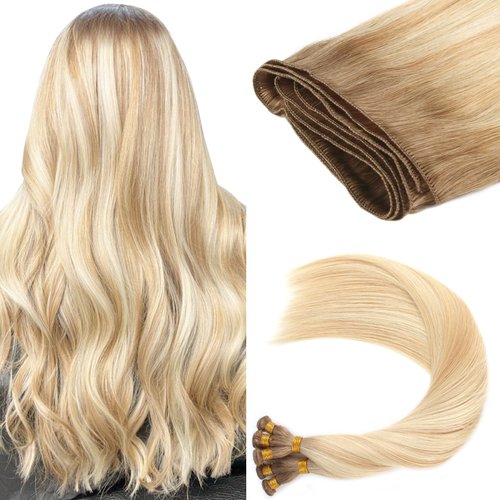 ABH AMAZINGBEAUTY HAIR Hand Tied Weft Hair Extensions Real Remy Human Hair Beach Blonde With Dirty Blonde Highlights Chestnut Brown Sew in Weft Real Human Hair R6-18-613# 50G 18 Inch