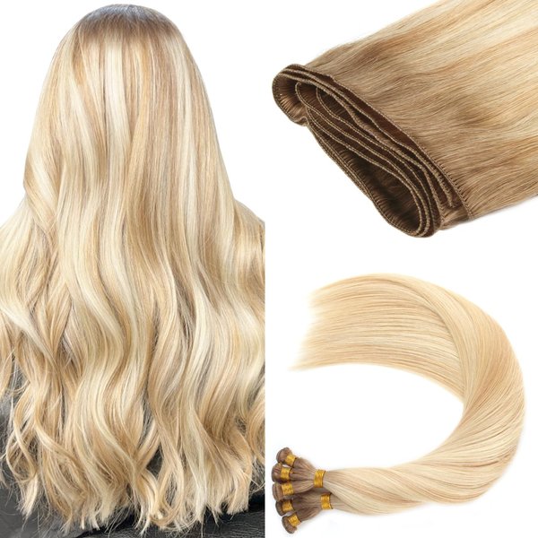 ABH AMAZINGBEAUTY HAIR Hand Tied Weft Hair Extensions Real Remy Human Hair Beach Blonde With Dirty Blonde Highlights Chestnut Brown Sew in Weft Real Human Hair R6-18-613# 50G 18 Inch