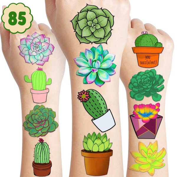 85 PCS Succulent Green Plants Temporary Tattoos Sticker Cactus Flowers Birthday Party Decorations Supplies Favors Gifts Boys Girls Baby Shower Adult Cute Tattoo School Prizes Reward Themed