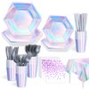Iridescent Party Supplies Decorations, Holographic Party Paper Plates Set, Disposable Iridescent Cups Knives Spoons Fork Set for Wedding Birthday Party, Serve 16