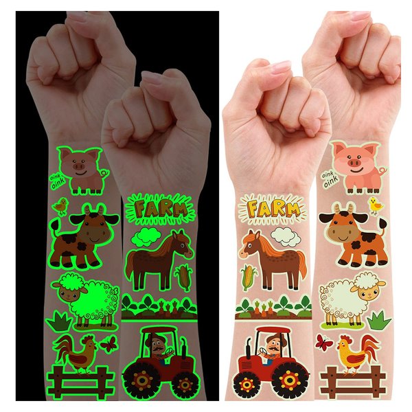 Partywind 165 Styles Glow Farm Animal Birthday Party Supplies Temporary Tattoos for Kids, Luminous Farm Party Decorations Favors, Glow Farm Tattoos Stickers Featuring Cow Horse Pig