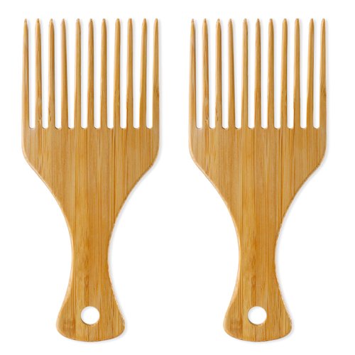 2Pcs Hair Pick Comb for Curly Hair Bamboo Hair Pick Beard Pick Comb Afro Hair Picks No Frizz Wide Tooth Comb Hair Picks for Men Lift Detangle Hair Comb