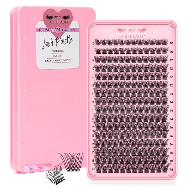 Lash Clusters, 192 Pcs Individual Cluster Lashes DIY Lash Extension 10-18mm Eyelash Clusters Volume Wispy Lashes Super Thin Band Reusable Soft & Comfortable(Natural,D-Mix)