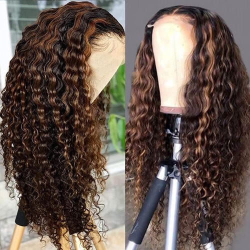 Highlight Ombre Lace Front Wig Human Hair 1B/30 Black Brown 13x4 HD Lace Frontal Wigs Pre Plucked With Baby Hair Deep Wave Ombre Honey Blonde Human Hair Wigs for Black Women 180% Density 22 Inch