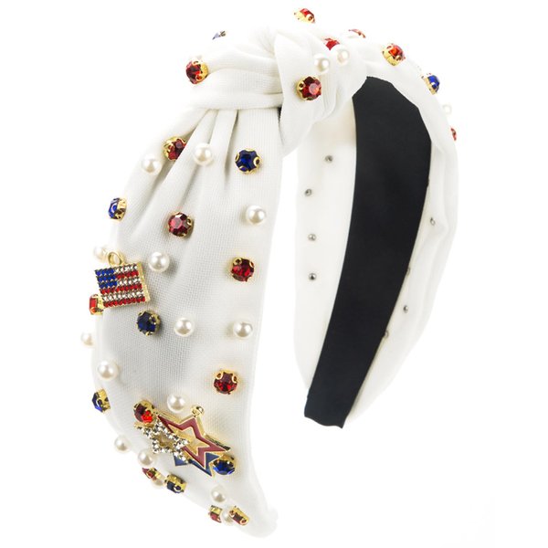 TailaiMei 4th of July Rhinestone Knotted Headband for Women, USA Flag Star Jeweled Crystal Embellished Ladies Twist Wide Hair Band Accessories Holiday Makeup Hair Hoop Gifts (White)