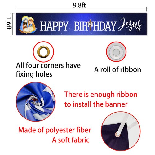 Happy Birthday Jesus Banner,Christmas Birthday Banner for Christmas Jesus’s Birthday Party Decorations,Yard Backdrop of Happy Bday Jesus God Party Decor (118” x 19.6”)