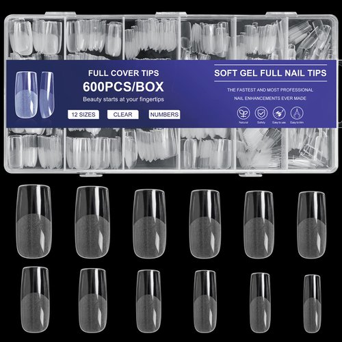 AORAEM Square Nail Tips 600 PCS Artificial Full Cover Nail Tips Soft Clear Gel x Nail Tips 12 Sizes Acrylic Medium Square Press on Nails Tapered Square False Nails with Box for Home DIY Nail Salon