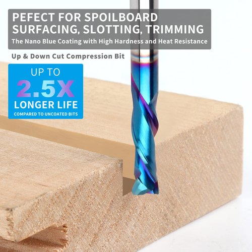 EANOSIC Spiral Router Bits Up Down Compression Bit 1/4 inch Cutting Diameter with Nano Blue Coated, 1/4 inch Shank Solid Carbide CNC End Mill for Wood Carving Engraver Milling Cutters