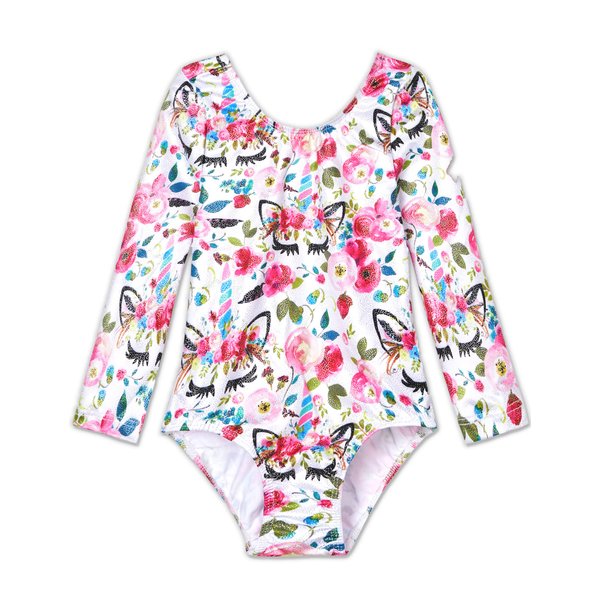 TENVDA Toddler Girls Gymnastics Leotard Size 3t 4t Long Sleeve Tumbling Outfit Sparkly White Floral Unicorn Bodysuits
