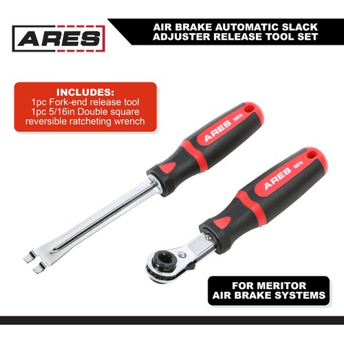 ARES 18070 – 2-Piece Automatic Slack Adjuster Release Tool and Wrench – Fork End Release Tool and Double Square Ratcheting Wrench for Air Brake System Adjustments – Carbon Steel Construction