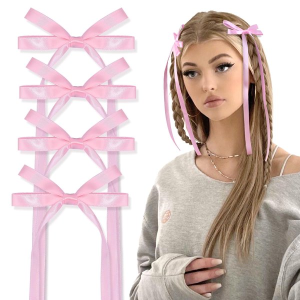 CN Hair Bow for Girls, Pink 1 Silk Satin Ribbon Bow with Long Tassel Tail Alligator Clips Hair Accessories (4 Pack)