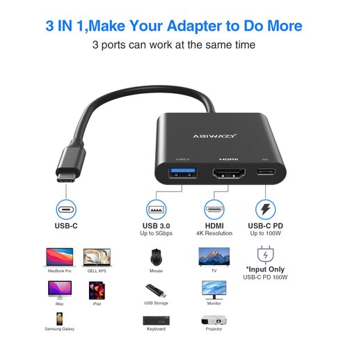 USB C to HDMI Adapter, 4K HDMI to USB-C Multiport Hub Adapter with 100W PD & USBA 3.0 Port, Type C Digital AV Converter for iPad Pro, MacBook Pro/Air, iPhone 15/16, Switch, TV, Monitor and More(Black)