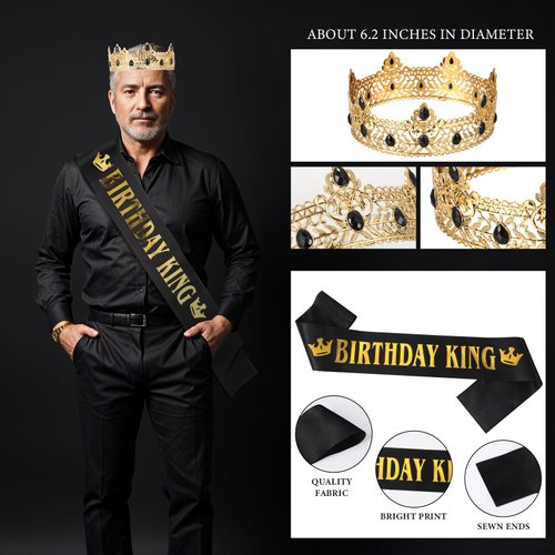 24PCS Black Gold Birthday Decorations Gifts for Men Husband Father Black Gold Happy Birthday Banner Balloons Star Foil Balloons Crown, Birthday King Cake Topper and Sash for Birthday Party Supplies