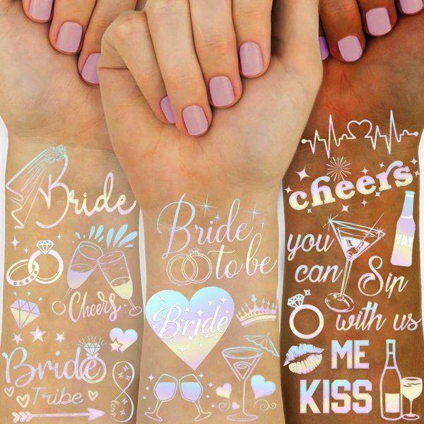 Cheers Bachelorette Temporary Tattoos For Women Girls Men Adults, 56+ Iridescent Flash Glitter Metallic Fake Tattoo Stickers Bachelor Party Favor Supplies, Bridesmaid Bride To Be Rave Decoration