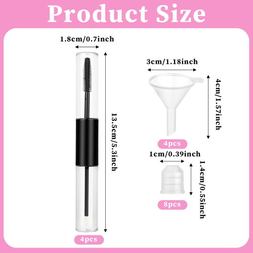 4 Pack Empty Mascara Tube and Wand Dual 2-in-1 Mascara Wand and Eyeliner Tube Refillable Mascara Tube with Funnel for castor oil Eyebrow Growth Serum