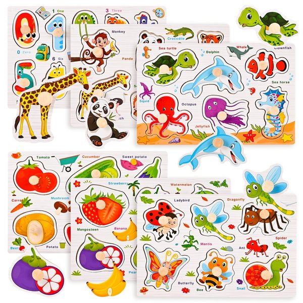 Wooderma Wooden Peg Puzzles for Toddlers 1-3, 6 PCS Puzzles for Kids, Montessori Toddler Puzzles-Numbers, Vegetables, Fruits, Insects, Sea and Animals Puzzles, Baby Puzzle Gifts for Boys Girls