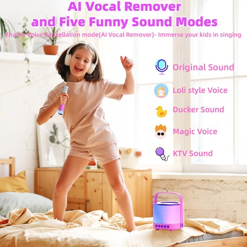 EAIHW Karaoke Machine for Kids Adults Portable Bluetooth 5.3 Speaker with 2 Wireless Microphones, Five LED Disco Lights Modes, Five Funny Sound Modes, for Girls Boys Family Home Party