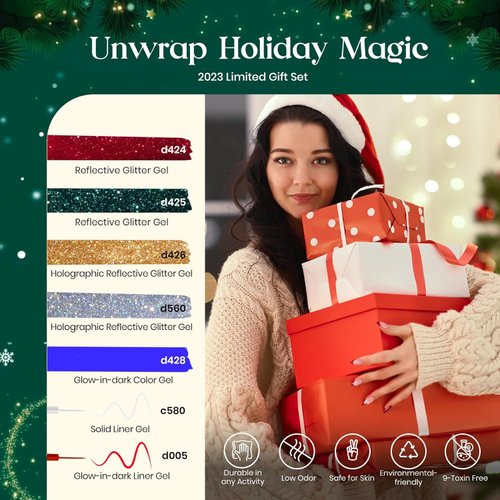 Beetles Gel Nail Polish Set Reflective Glitter Gel Nail Polish 7Colors Red Green Gold Silver Gel Polish & Red Blue Liner Gel Glow In The Dark Nail Polish Holographic Sparkle Gel Nail Polish