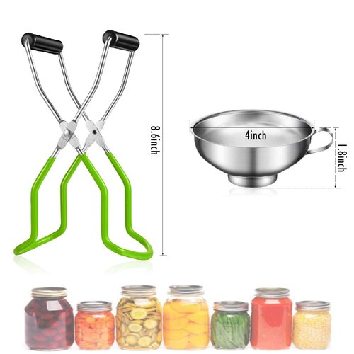 2 Pieces Stainless Steel Canning Jar Lifter Tongs and Canning Funnel with Safe and Secure Grip for Wide Mouth and Regular Jars, Easy to Clean and Dishwasher Safe (Black)