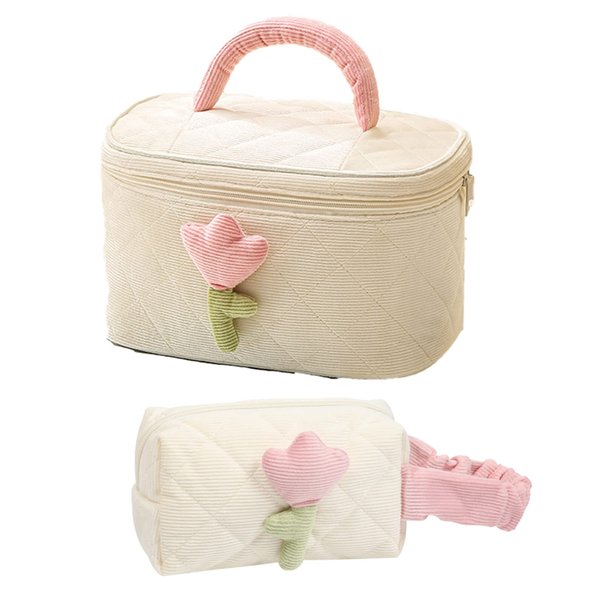 TrueLux Cute Corduroy Makeup Bag Set of 2(Cream),Quilted Travel Cosmetic Organizer Bag with Tulips, Velvet Toiletry Bag with Portable Makeup Pouch for Women Girls