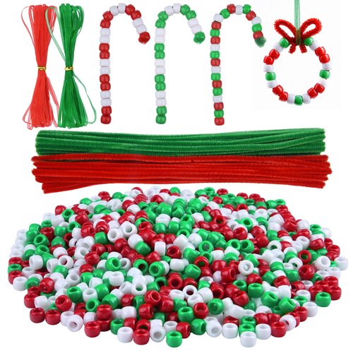 Livder Christmas Beaded Ornament Kit, Include 1000 Pieces Red Green White Plastic Beads, 60 Pieces Chenille Stems, 64 Feet Ribbon for Xmas Wreath Tree Decorations DIY Crafts Jewelry Making