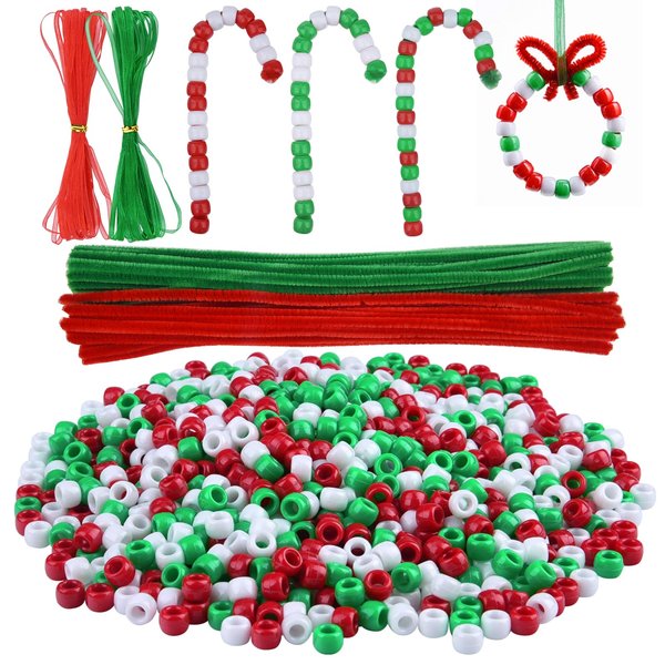 Livder Christmas Beaded Ornament Kit, Include 1000 Pieces Red Green White Plastic Beads, 60 Pieces Chenille Stems, 64 Feet Ribbon for Xmas Wreath Tree Decorations DIY Crafts Jewelry Making