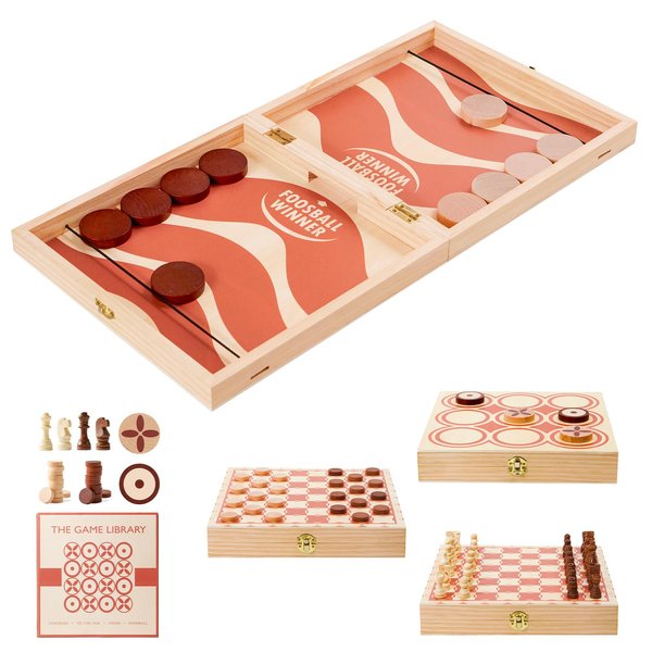 RM ROOMERS Tabletop 4-in-1 Fast Sling Puck Set,Wooden Chess Checkers Game Set,Tic Tac Toe, Travel Portable Folding Board Game for Kids and Adults,Interactive Families Toys Hockey Slingshot Table Game