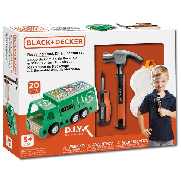 Black & Decker DIY Recycling Bus Kit and Three Piece Pretend Play Toolset Made for Kids’ Hands